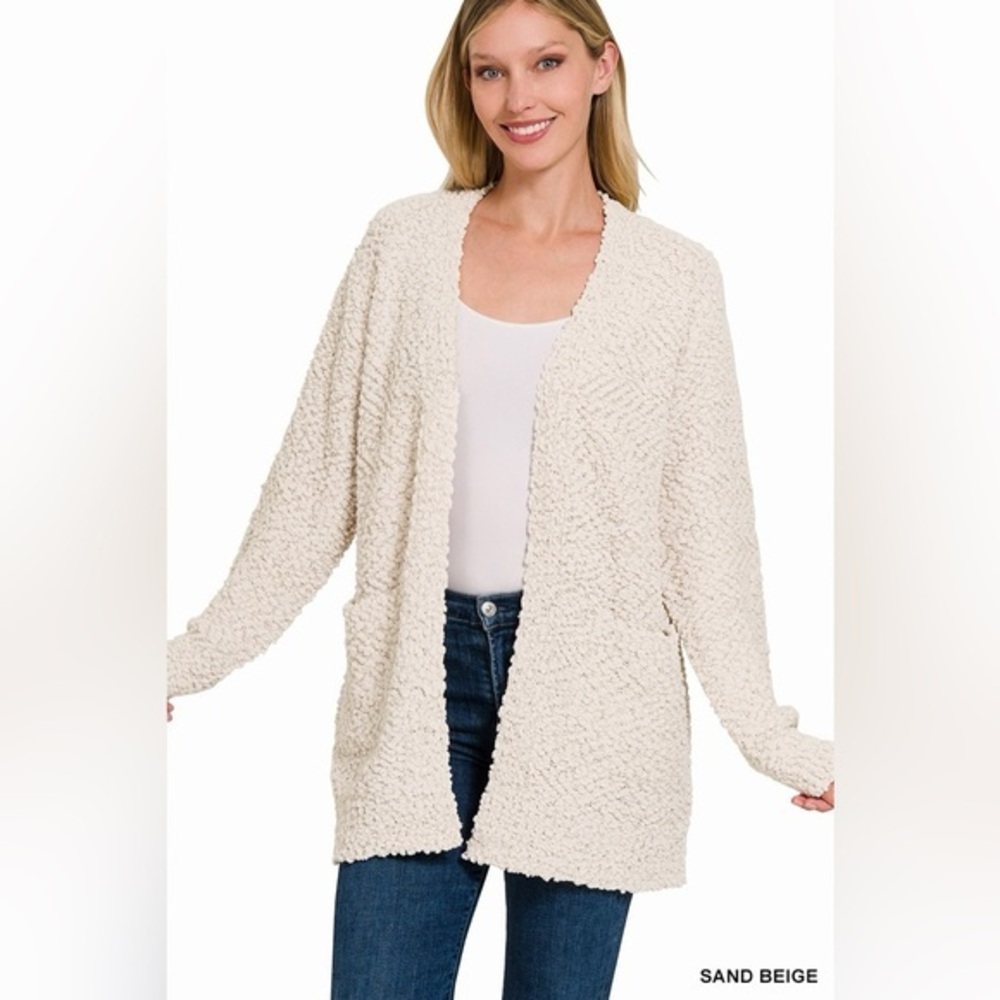Zenana Long Sleeve Popcorn Sweater Cardigan with Pockets